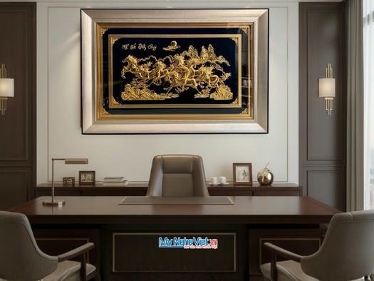 Tranh Đồng Mã Đáo Thành Công Dát Vàng 24K Nền Nhung Đen ( Có Nẹp Sau) HTD78116.1
