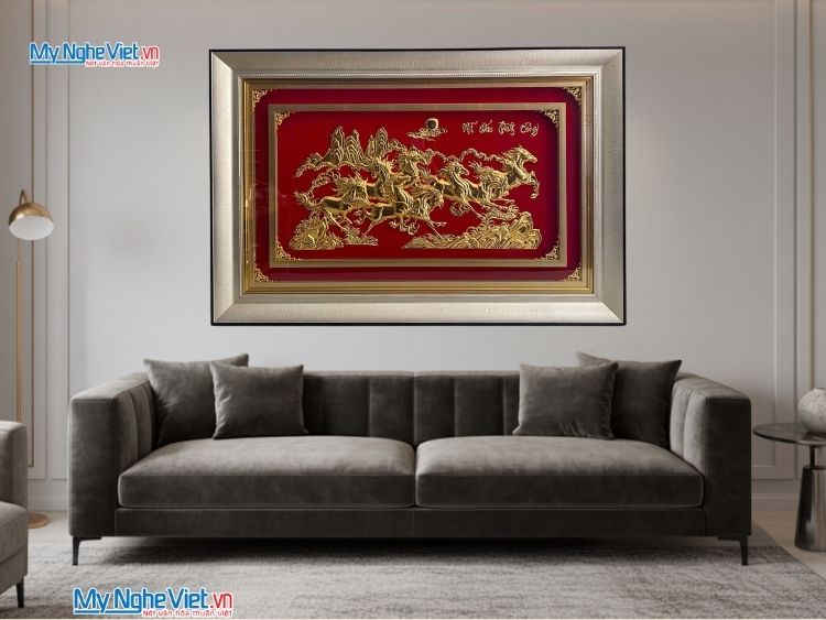 Tranh Đồng Mã Đáo Thành Công Dát Vàng 24K Nền Nhung Đỏ ( Có Nẹp Sau) HTD78116.1