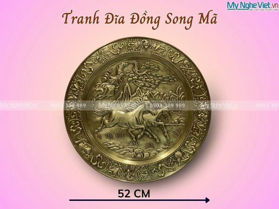 Tranh Đĩa Đồng Song Mã D52cm + hộp đẹp MNV-TDD018