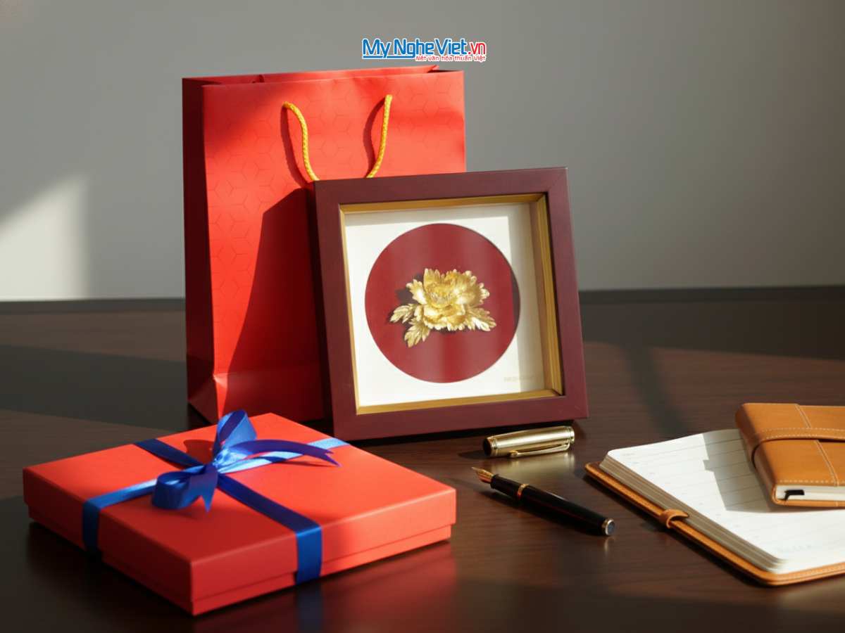 Tranh hoa mẫu đơn dát vàng để bàn 24k 20x20 + Hộp xilot đỏ - MNVHD04.5